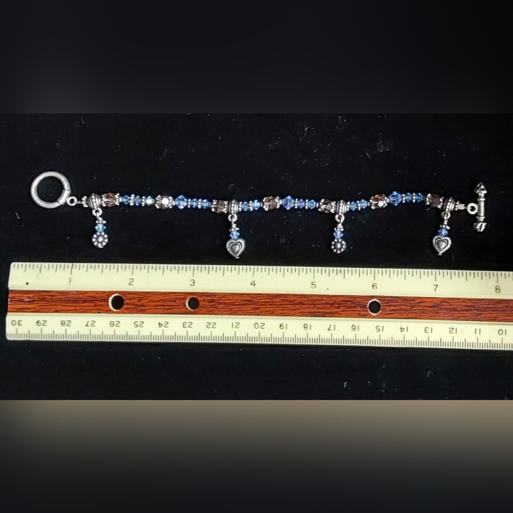 920/92% Silver Heart Charm, Flower and Crystal Bracelet